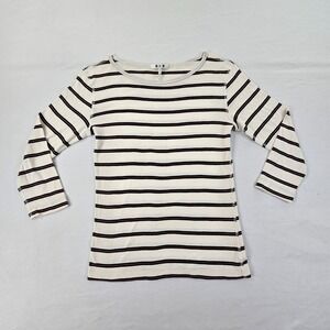 Three Dots Womens Small Striped Knit Top 3/4 Sleeve Cotton Modal Boat Neck